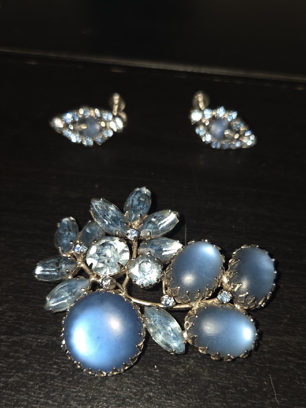 Stunning Continental Blue Satin Glass Cluster Brooch and Earring SET